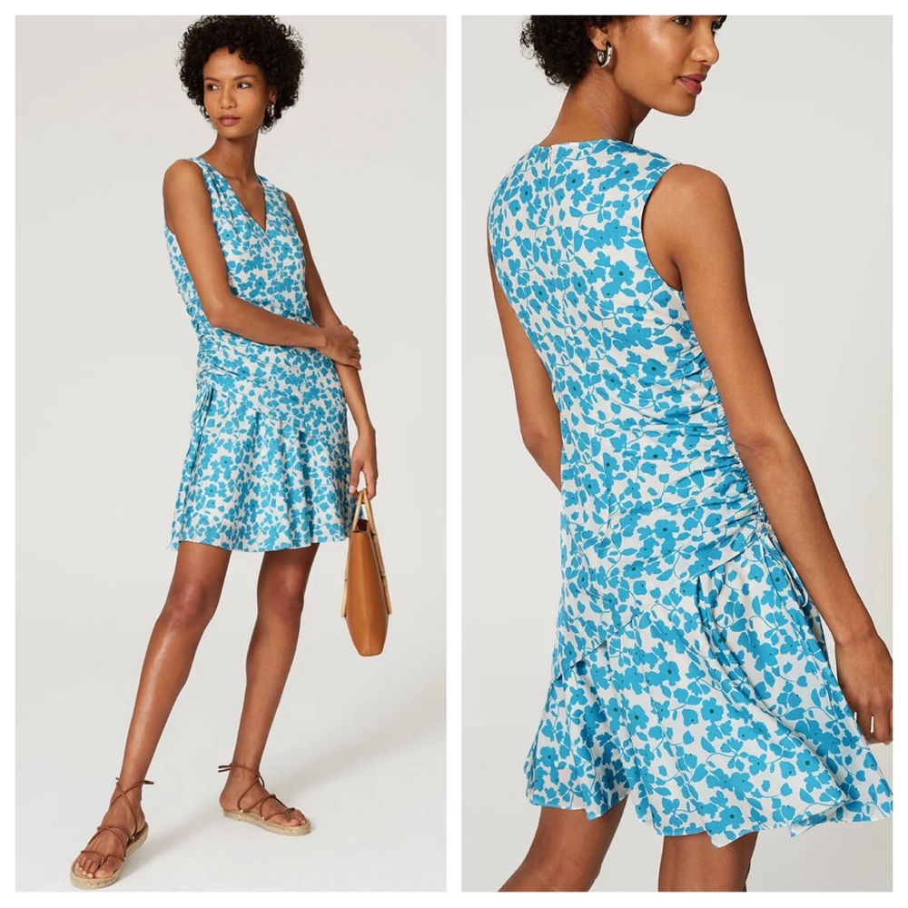 Derek Lam Collective Blue Floral Side Ruched Dress Size US XL / EU 46